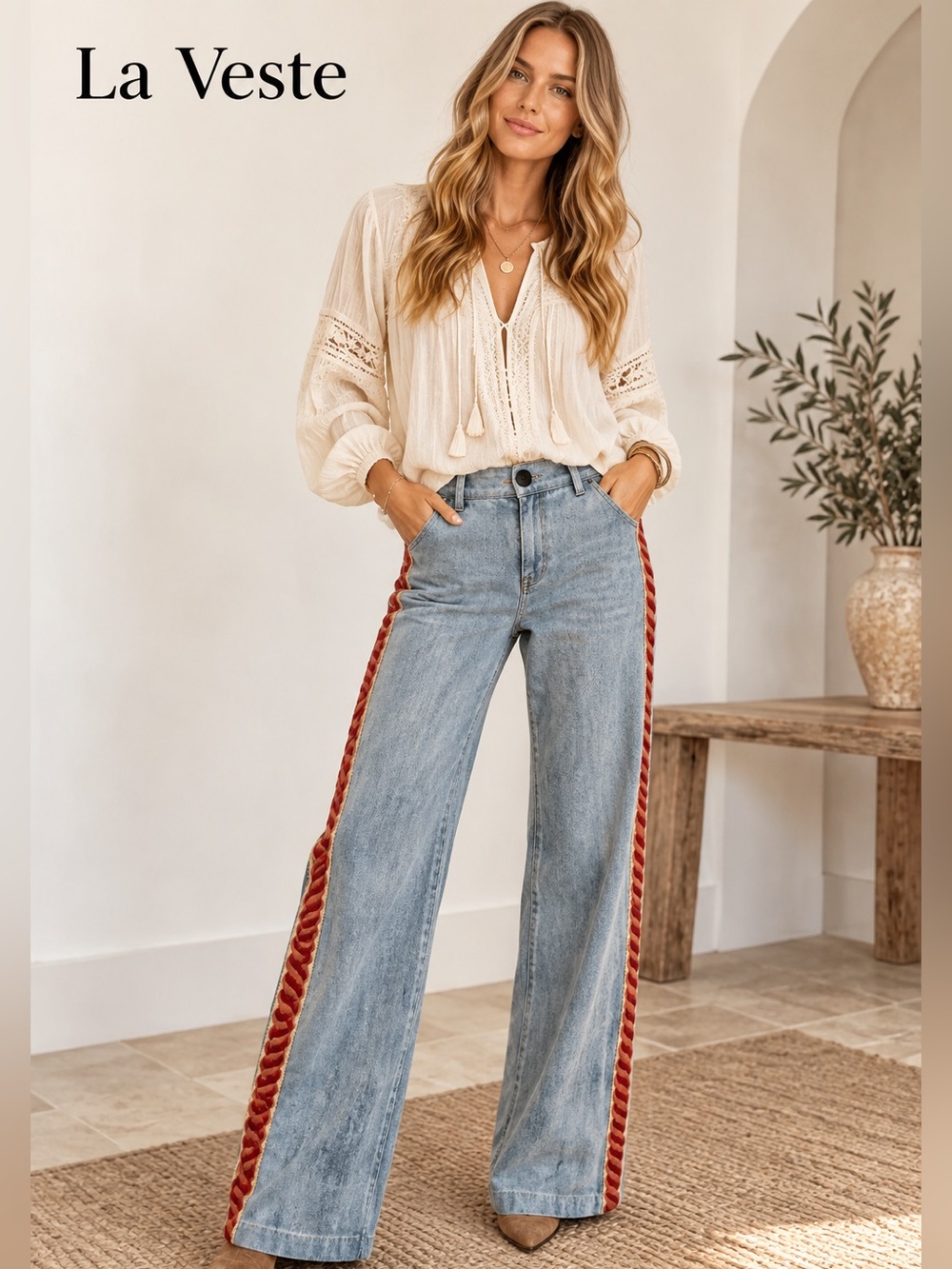 La Veste High-Rise Wide Leg Jeans with Red Side Trim